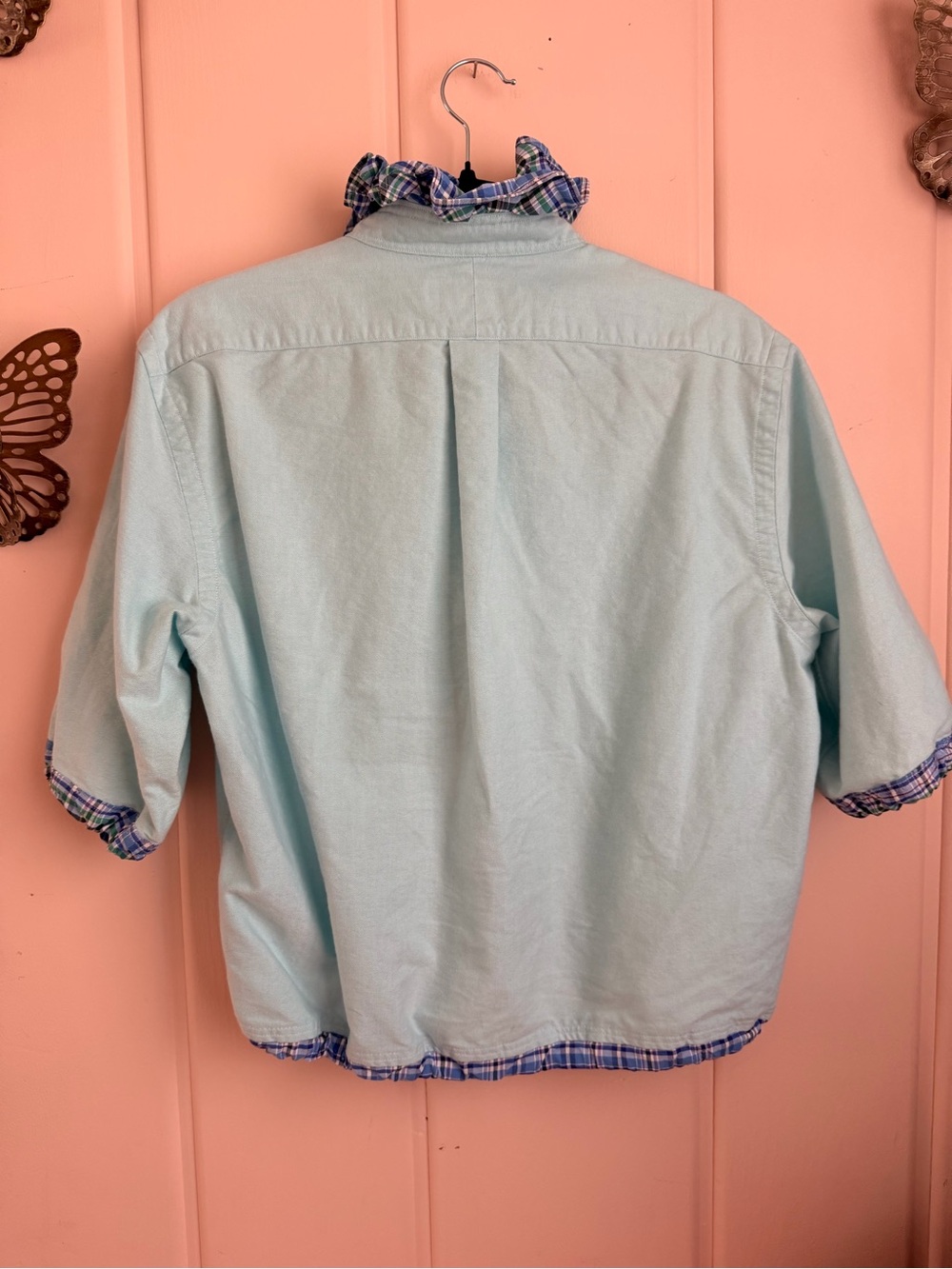 Ralph Lauren upcycled Light Blue Button-Front Shirt with Plaid Trim SzM - Picture 5 of 5